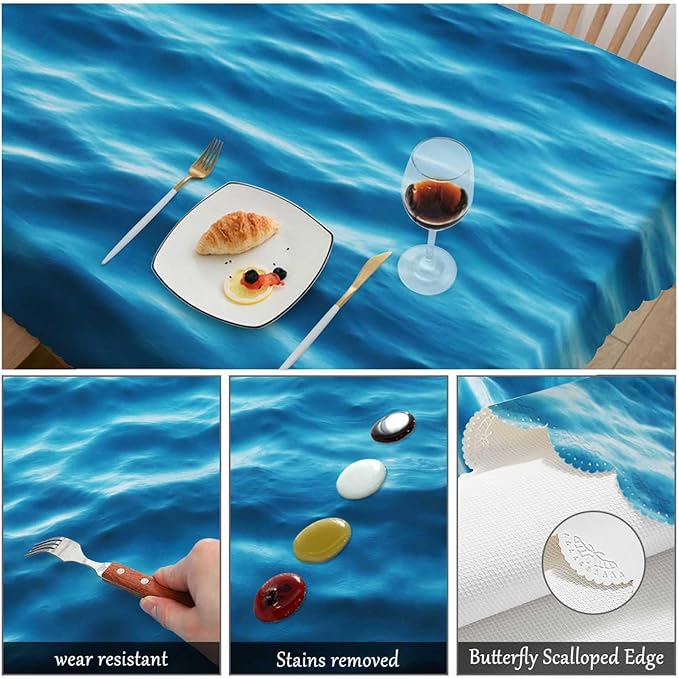 Swono Ocean Waves Table Covers 52x70 Inch Tropical Blue Ocean Waves Seawater Flow Wipeable Tablecloth Kitchen Dinning Tabletop Decoration, Table Cloth for Outdoor and Indoor Use