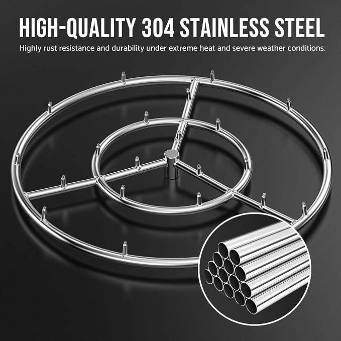 Skyflame 24-Inch Round Stainless Steel Fire Pit Jet Burner Ring | High Flame, 296,000 BTU, 1/2" NPT high-capacity inlet, Without loud whistling, Patio Use