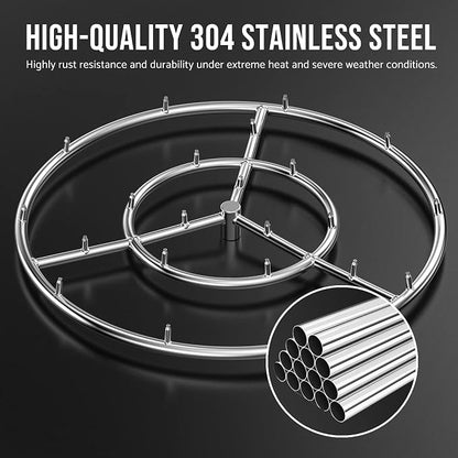 Skyflame 24-Inch Round Stainless Steel Fire Pit Jet Burner Ring | High Flame, 296,000 BTU, 1/2" NPT high-capacity inlet, Without loud whistling, Patio Use