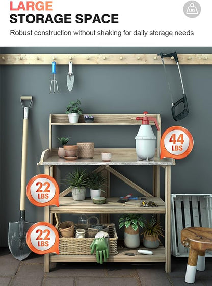 ARNOT Potting Bench, Enhanced 3-Shelf Potting Benches for Outdoors, Wooden Garden Potting Bench Tables W/Metal Tabletop & Cabinet Drawer, 3 Hooks
