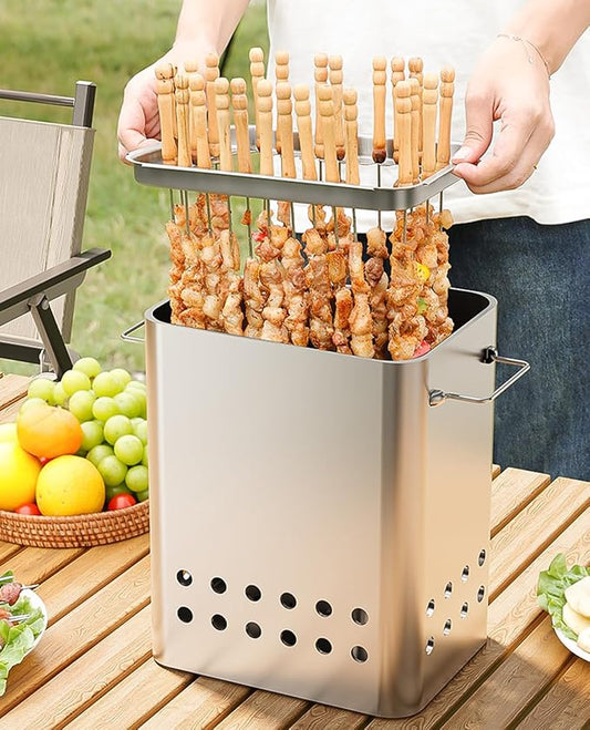 Charcoal Barrel BBQ Grill Stainless Steel BBQ Hanging Stove Camping Barbecue Rack with 26 Skewers Gloves Tongs Grilling Net for Vegetables