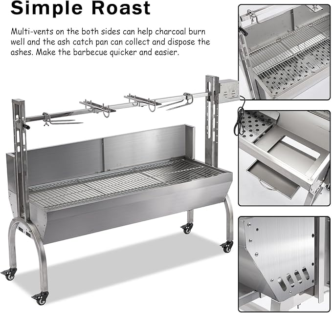25-Inch Stainless Steel Pig Roaster Rotisserie Grill, Heavy Duty 176 LB Capacity Hog Spit for Outdoor Camping Backyard BBQ Party