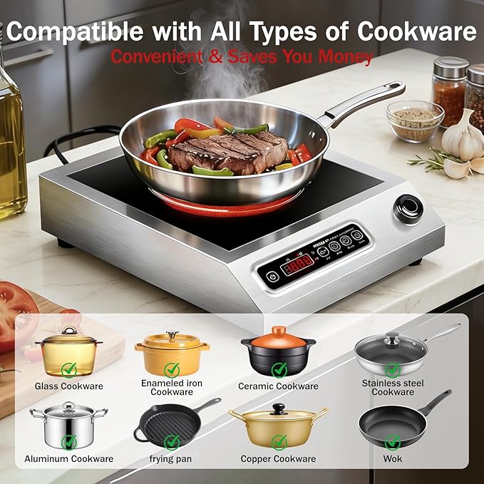 1800W Hot Plate Electric, 9 Power Levels Commercial-Grade Induction Cooktop, Portable Infrared Burner with Timer and Child Safety Lock, for Apartment, Dorm, RV and Restaurant