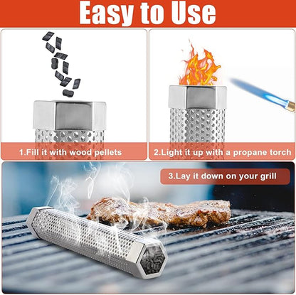 Tandefio 6 Pack 12" Pellet Smoker Tube for Pellet Grill Stainless Steel Smoker Tube for Hot or Cold Smoking with 3 Pack Brushes Portable BBQ Smoking Gas Grilling