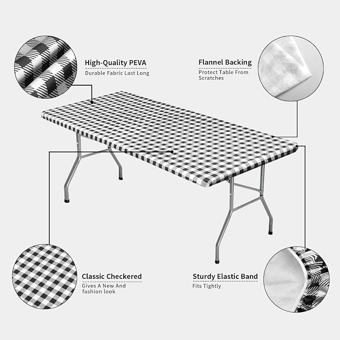 OutdoorLines Vinyl Fitted Picnic Table Cover with Bench Covers | Elastic Waterproof Camping Tablecloth for Picnic Table, (Checkered Black, 96x30 Inch, 3 Pcs)