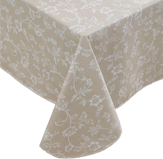 Heavy Duty Vinyl Tablecloth with Flannel Backing Waterproof Oil-Proof Plastic Table Cloth Stain-Resistant Wipeable Rectangle or Square Table Cover for Indoor and Outdoor (Beige Floral，60x102 Inch)