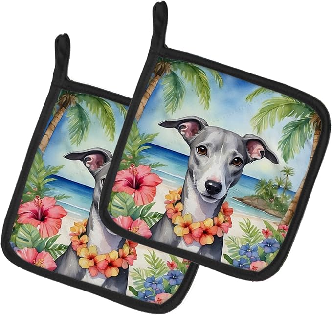 Caroline's Treasures Whippet Luau Pair of Pot Holders Kitchen Heat Resistant Pot Holders Sets Oven Hot Pads for Cooking Baking BBQ, 7 1/2 x 7 1/2