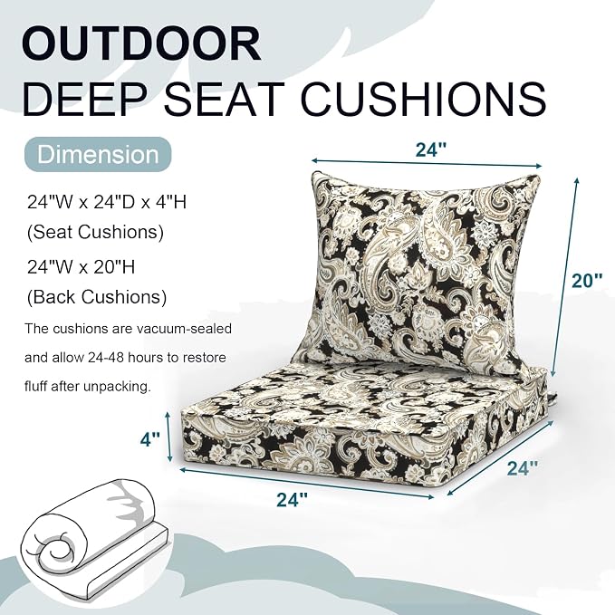 DYTXIII Outdoor Deep Seat Cushion Set, Water Repellent 24"x24" Patio Thick Cushions Replacement with Seat & Back Pillow for Patio Sofa, Wicker Chair, Couch - Paisley Black