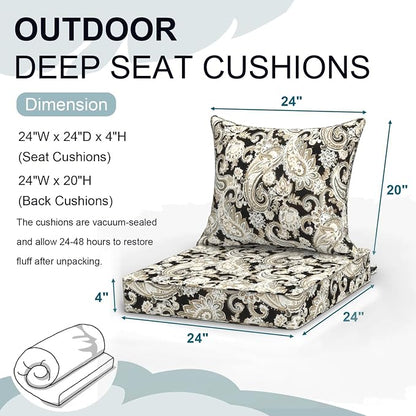 DYTXIII Outdoor Deep Seat Cushion Set, Water Repellent 24"x24" Patio Thick Cushions Replacement with Seat & Back Pillow for Patio Sofa, Wicker Chair, Couch - Paisley Black