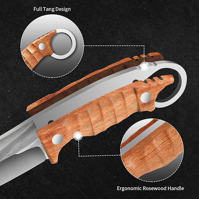 Plys Fixed Blade Hunting Knives Ergonomic Full Tang Camping Knife Rosewood Handle Multi-Tool Tactical Bushcraft Knife for Kitchen, Hiking, EDC Belt Carry, Lightweight Outdoor Survival Gear