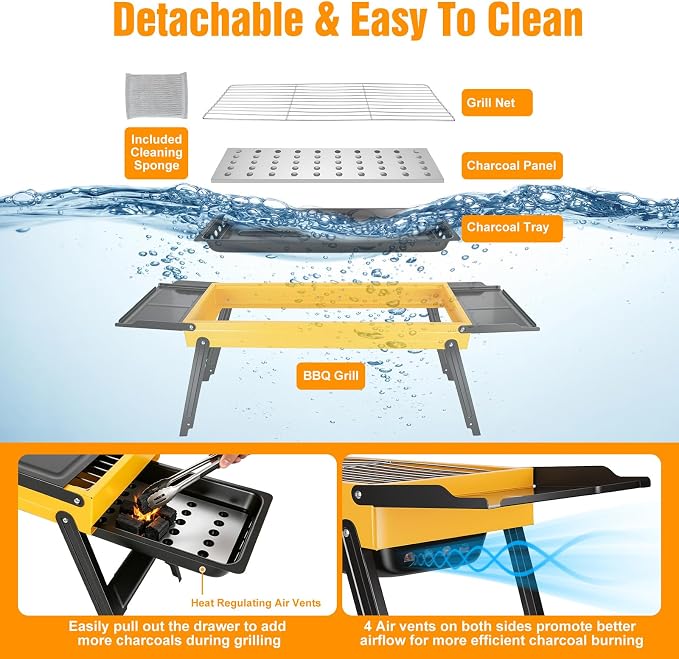 Portable Charcoal Grill, Stainless Steel Camping Tabletop BBQ Grill with Foldable Side Shelves, Compact Tabletop Barbecue with Carry Handle for Outdoor Picnic Backyard Beach Travel