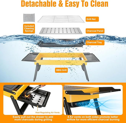 Portable Charcoal Grill, Stainless Steel Camping Tabletop BBQ Grill with Foldable Side Shelves, Compact Tabletop Barbecue with Carry Handle for Outdoor Picnic Backyard Beach Travel