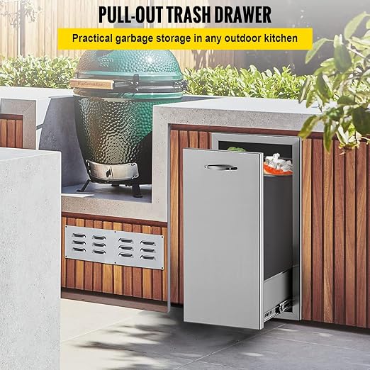 13.6Wx26Hx19.3D Inch Lower Sliding Rails Stainless Steel Roll Bin Pull Out Tray Outdoor Kitchen Trash Drawer, 13.6W x 26H x 19.3D & 30W x 21H Inch Double Door
