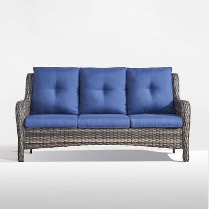 Outdoor Couch All Weather PE Wicker Patio Sofa Outdoor Sofa Deep Seating for Porch Deck Backyard-Grey/Blue