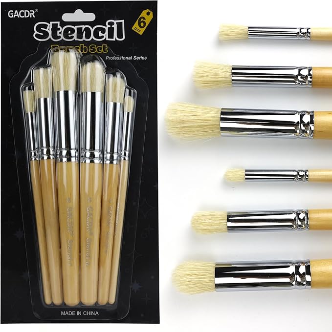 GACDR Wooden Stencil Brush Set, 6 Pieces Natural Hog Bristle Dome Stencil Brushes for Painting On Wood Wall, Stencil Projects, Card Making, DIY, Crafts and Acrylic Oil Watercolor Painting…