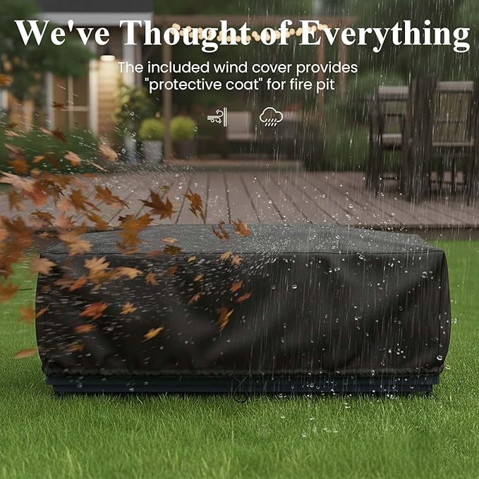 LayinSun 42 Inch Outdoor Fire Pit Table for Outside Patio, 55000BTU Rectangle Propane Firepit with Hidden Fuel Tank, Glass Wind Guard, Waterproof Cover and Lid
