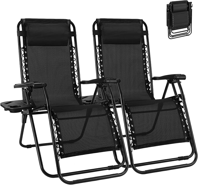 NEWBULIG Zero Gravity Chairs Set of 2, Folding Lounge Chair, Matte Black | Portable Lawn Camping Recliner with Adjustable Pollow, Mesh Back, Cup Holder Trays for Pool Beach Patio