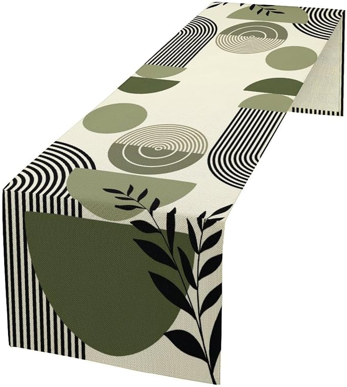 Boho Leaves Table Runner Sage Green Tropical Palms Tree Mid Century Modern Abstract Arch Geometric Dinner Runner for Farmhouse Cabin Home Kitchen Dining Holiday Party Decor 13x70in
