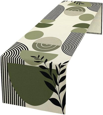 Boho Leaves Table Runner Sage Green Tropical Palms Tree Mid Century Modern Abstract Arch Geometric Dinner Runner for Farmhouse Cabin Home Kitchen Dining Holiday Party Decor 13x70in