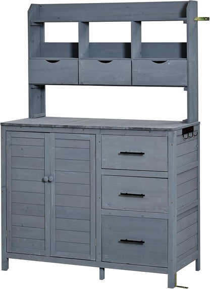Merax Farmhouse Potting Bench with 6 Drawers, 44.6” Large Garden Workstation, Outdoor Kitchen Island with Bottom Cabinet & Hooks, Freestanding Patio Furniture,Gray