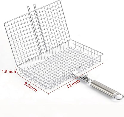 Grill Basket, Stainless Steel Fish Grill Baskets for Outdoor with Detachable Handle - Perfect for Fish, Meat, Vegetables and Ideal as Grilling Gifts for Dad, Barbecue Accessories for Camping and Cooking Essentials.