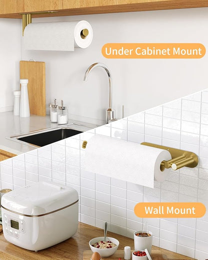 STWWO Under Cabinet Paper Towel Holder, Self Adhesive Paper Towel Rack Gold | Under Counter Under Sink Paper Towel Holder, Self-Adhesive or Wall Mounted, Fits Kitchens Bathrooms & RV