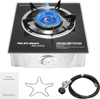Single Burner Propane Stove 15000 BTU, Portable Gas Stove 1 Burner, Camping Stove Propane with LPG Adapter Hose for Indoor and Outdoor Kitchen Cooking