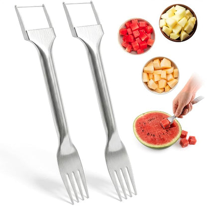 2Pcs Stainless Steel Watermelon Cutter Slicer Tool 2-in-1, Even Cuts | Watermelon Slicer Tool & Serving Fork in One; Slices Cubes Mess-Free; for Melon, Cantaloupe & Dragon Fruit; Summer Parties