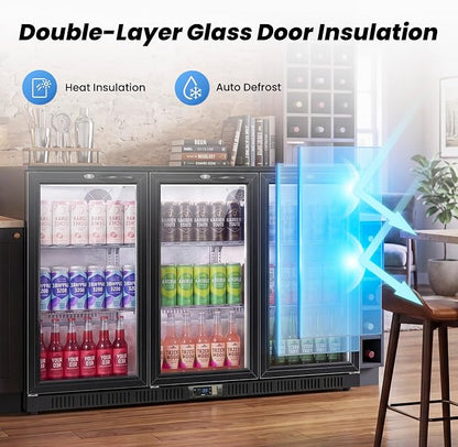 53.15" W Commercial Under Counter Beverage Refrigerator, 3 Glass Door Back Bar Cooler, Built-in/Freestanding 12Cuft Drink Fridge with LED Light, Auto Defrost, Low-E Glass & Safety Lock, Rebound door