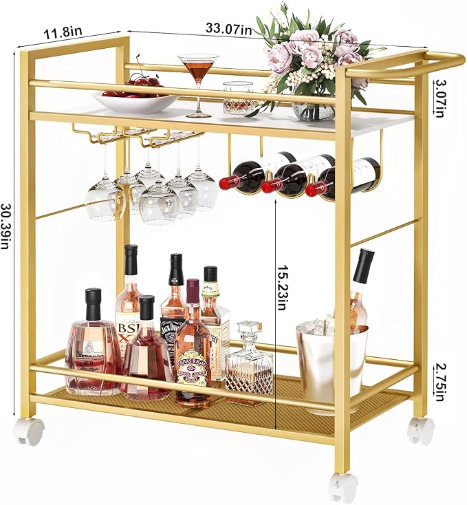 Joaxswe Bar Cart w/Wheels,Home Bar Serving Cart w/Storage Shelves,Gold | 2 Tier Rolling Beverage Cart,Modern Wine Cart w/ Wine Rack and Glass Holder for Kitchen, Living Room,Dinning Room
