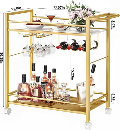 Joaxswe Bar Cart w/Wheels,Home Bar Serving Cart w/Storage Shelves,Gold | 2 Tier Rolling Beverage Cart,Modern Wine Cart w/ Wine Rack and Glass Holder for Kitchen, Living Room,Dinning Room