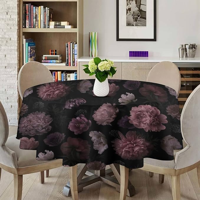 Vintage Florals Round Tablecloth, Gothic Summer Garden Peonies Flowers Rustic Roses Boho Botanical Plant Water Resistant Wipeable Table Cover for Picnic Party Holiday Kitchen Dinner Table 70"