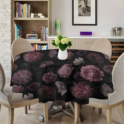 Vintage Florals Round Tablecloth, Gothic Summer Garden Peonies Flowers Rustic Roses Boho Botanical Plant Water Resistant Wipeable Table Cover for Picnic Party Holiday Kitchen Dinner Table 70"