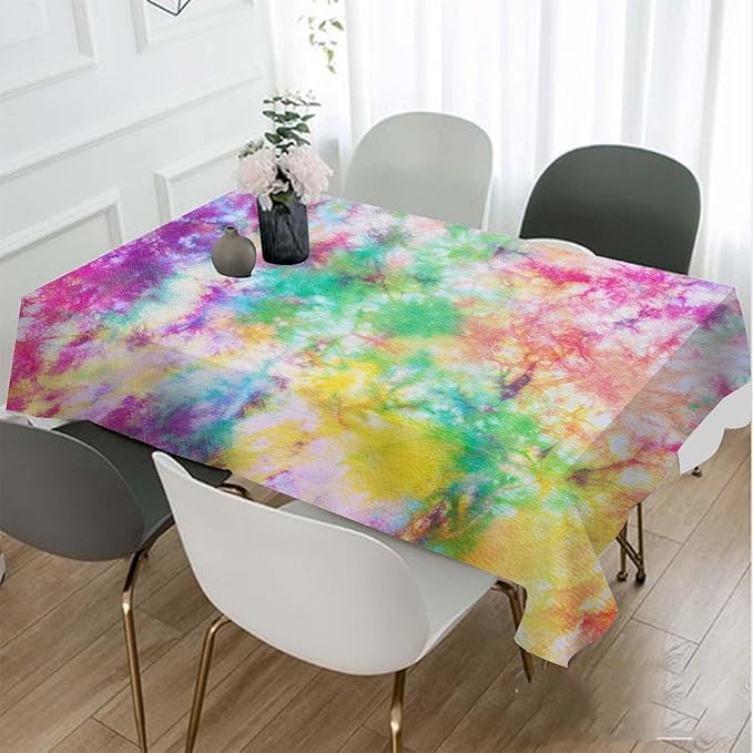 TKS MITLAN Tie Dye Tablecloth 60x84 Inch Rectangular Rainbow Splash Tie Dye Pattern Oblong Table Cloth Kitchen Table Decorations for Home Dinner Party