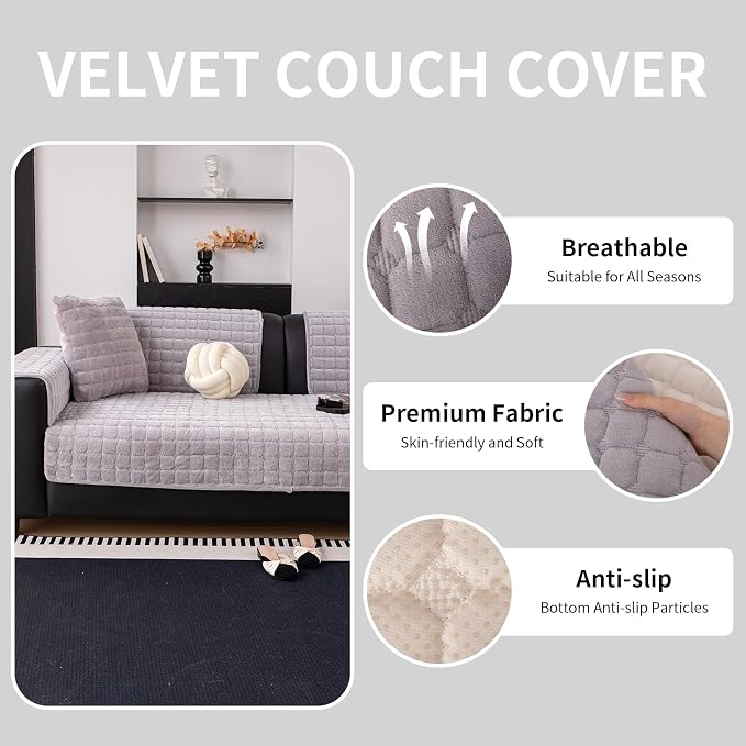 Velvet Couch Cover, Washable Sectional Sofa Cover, Anti Slip Sofa Slipcovers for 3 Cushion Couch Sofa L Shaped Recliner, Furniture Protector Covers for Pets Kids(Light Grey, Only 1 PCS)