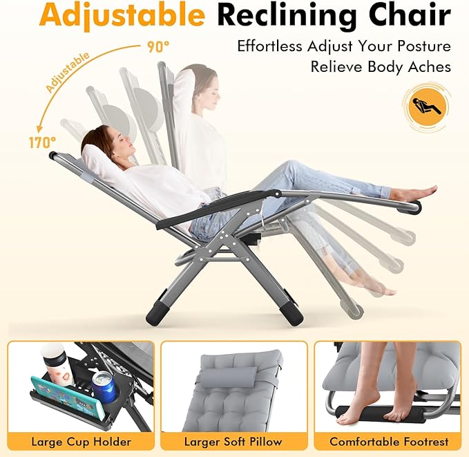 Slendor Oversized Zero Gravity Chairs XL,29in Padded Reclining Chair, Black | Recliner Lounge Chair, Folding Anti Gravity Chairs w/Aluminum Alloy Lock, Headrest, Cup Holder, Support 440lbs,for Lawn Patio