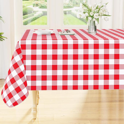Smiry Picnic Table Cloth, Vinyl Tablecloths with Flannel Backing, 54"x54" | Waterproof Square Table Cloth, Wipeable Buffalo Plaid Table Cover for Indoor and Outdoor (Red & White)