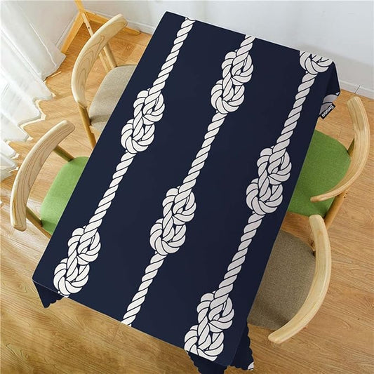 Swono Nautical Rope Table Covers 52x70 Inch Marine Rope White Loop Knots Wipeable Tablecloth Kitchen Dinning Tabletop Decoration, Navy Blue Table Cloth for Outdoor and Indoor Use