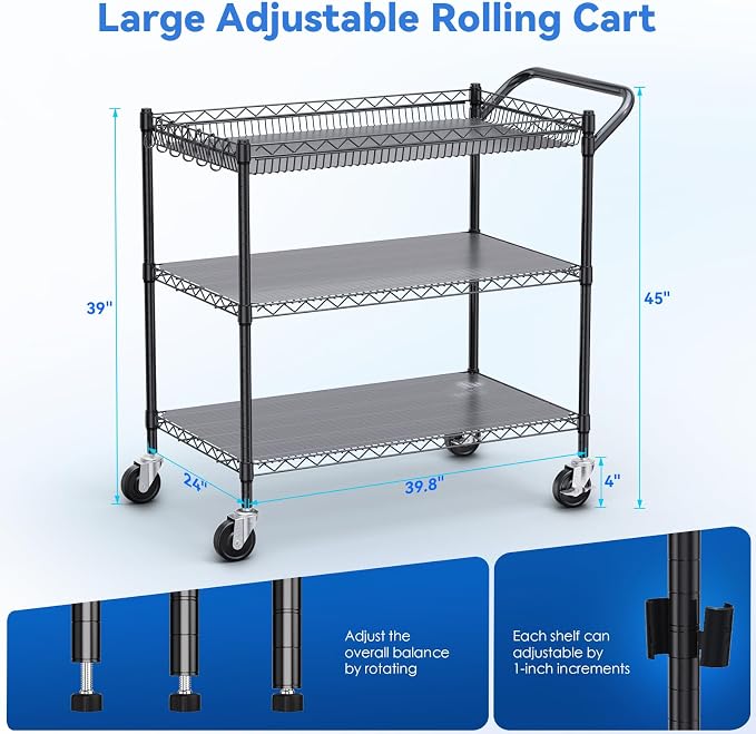 1350Lbs Capacity Heavy Duty Rolling Utility Cart, NSF Rolling Carts with Wheels,Commercial Grade Metal Cart with Handle Bar & Shelf Liner,Trolley Serving Cart for Restaurant,Kitchen,Black