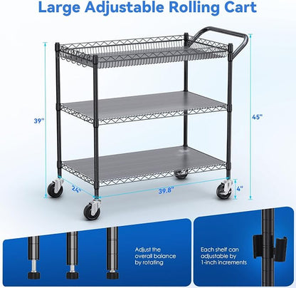 1350Lbs Capacity Heavy Duty Rolling Utility Cart, NSF Rolling Carts with Wheels,Commercial Grade Metal Cart with Handle Bar & Shelf Liner,Trolley Serving Cart for Restaurant,Kitchen,Black