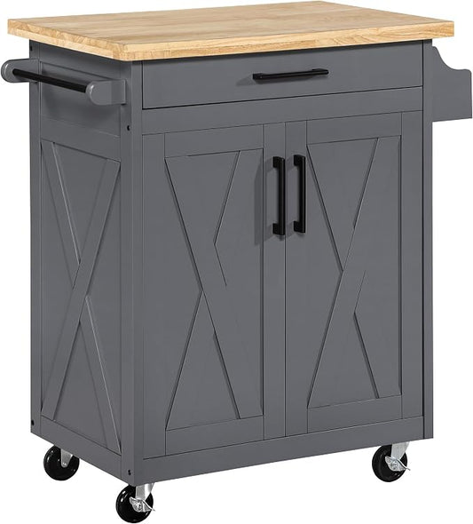OSP Home Furnishings Bolten Farmhouse Kitchen Cart with Butcher Block Top, Rolling Island with Storage Cabinet and Drawer, 35.5H x 32W x 19D inches, Grey