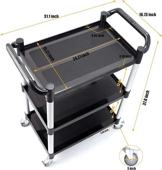 3-Tier Rolling Utility Cart with Wheels,4 Lockable Casters, Plastic Service Cart with 510lbs Capacity, Commercial Service Cart on Wheels for Restaurant/Office/Warehouse/Kitchen/School, Black