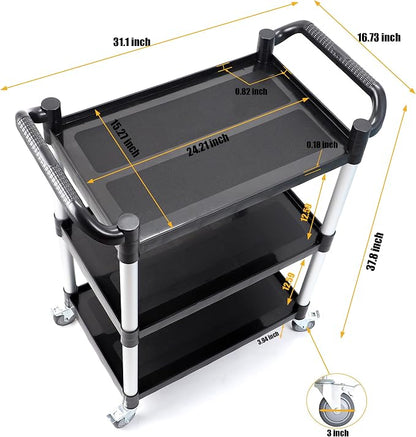 3-Tier Rolling Utility Cart with Wheels,4 Lockable Casters, Plastic Service Cart with 510lbs Capacity, Commercial Service Cart on Wheels for Restaurant/Office/Warehouse/Kitchen/School, Black