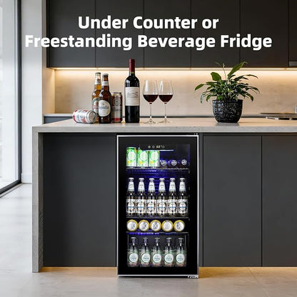 Antarctic Star mini fridge -130 can beverage refrigerator cooler glass door for soda beer or wine, small drink dispenser for home, office bar 3.2cu.ft