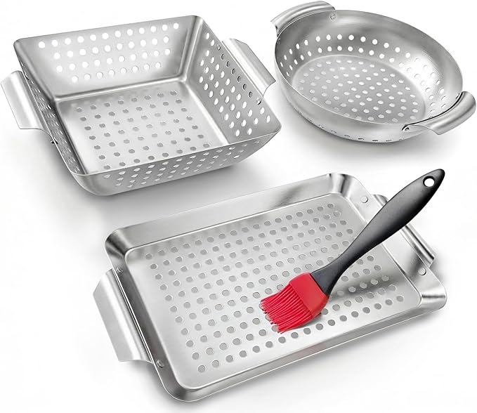 3 Piece Stainless Steel Grill Basket Set with Basting Brush, Heavy Duty Small Vegetable Grill Basket for Outdoor Grill - Perforated Compact BBQ Grill Pan & Wok Accessories for Gas, Charcoal, Veggies