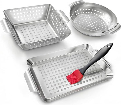 3 Piece Stainless Steel Grill Basket Set with Basting Brush, Heavy Duty Small Vegetable Grill Basket for Outdoor Grill - Perforated Compact BBQ Grill Pan & Wok Accessories for Gas, Charcoal, Veggies