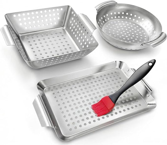 3 Piece Stainless Steel Grill Basket Set with Basting Brush, Heavy Duty Small Vegetable Grill Basket for Outdoor Grill - Perforated Compact BBQ Grill Pan & Wok Accessories for Gas, Charcoal, Veggies