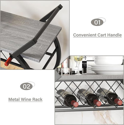 LVB Bar Carts for the Home, Industrial Wine Cart with Storage, Grey Oak | Modern Bar Cart with Wine Rack, Beverage Rolling Kitchen Serving Cart, Wooden Microwave Drink Liquor Cart for Dining Room