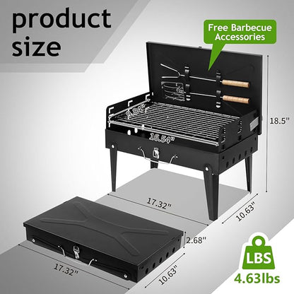 Portable Charcoal BBQ Grill, Foldable Barbecue Grill with Tool Hooks, Stainless Steel Charcoal Barbecues for Outdoor Camping, Picnic, Garden Party, Travel, 44×27×22 cm