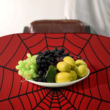 Spider Web Hero Tablecloth, Black Spiderweb Red Cobweb Circle Water Resistant Wipeable Table Cover for Picnic Party Holiday Kitchen Dinner Table 60"x120"